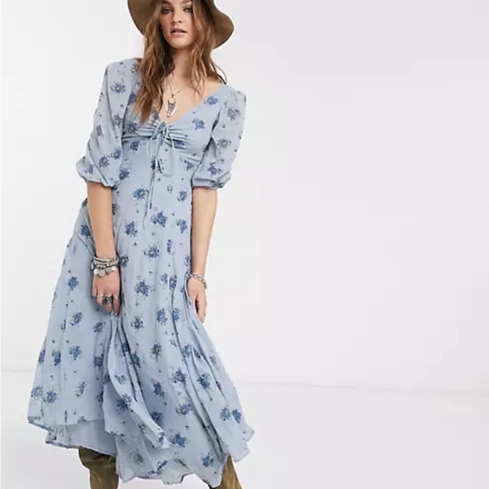 Free People Sea Glass Long Blue Floral Midi Dress
